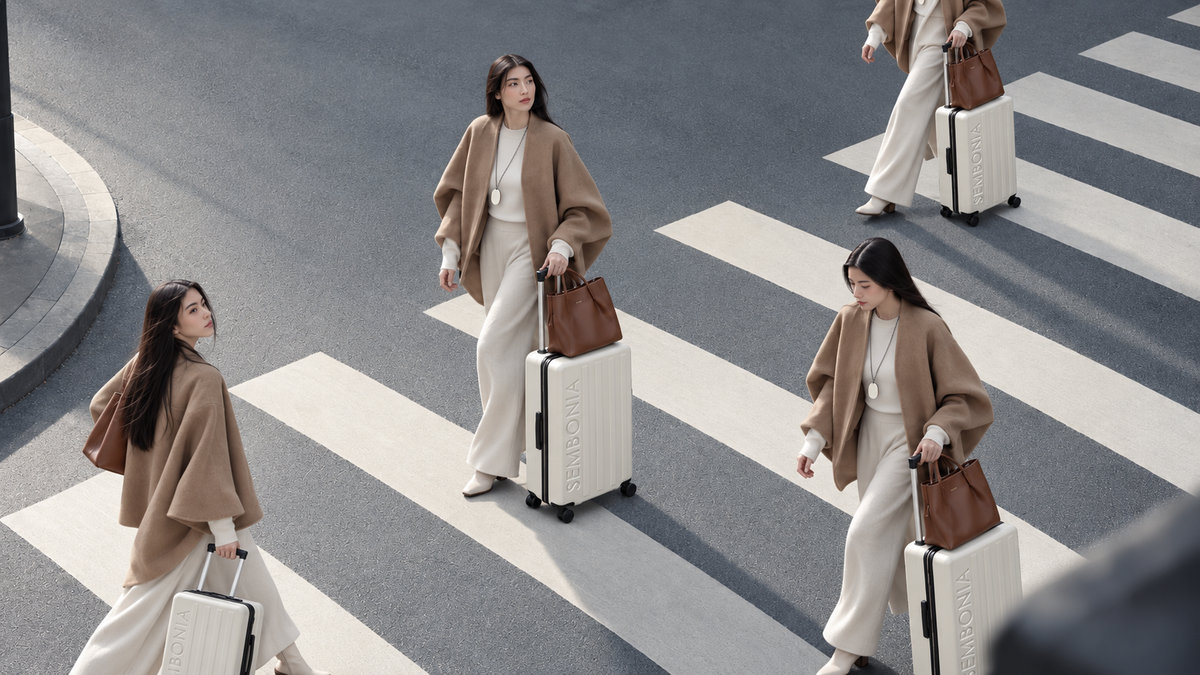 Three women walking across a city crosswalk, each carrying a slim white hard-shell suitcase and a brown leather tote bag. They are dressed in coordinated beige and white outfits.